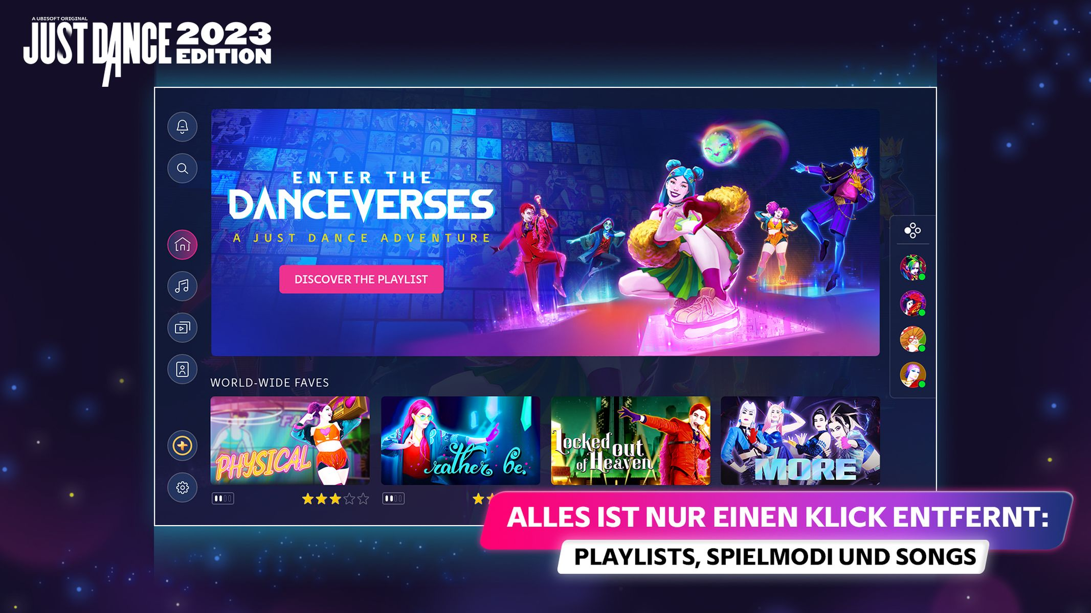 Just Dance 2023 Edition-Spielbildschirm mit Danceverses und Songs.