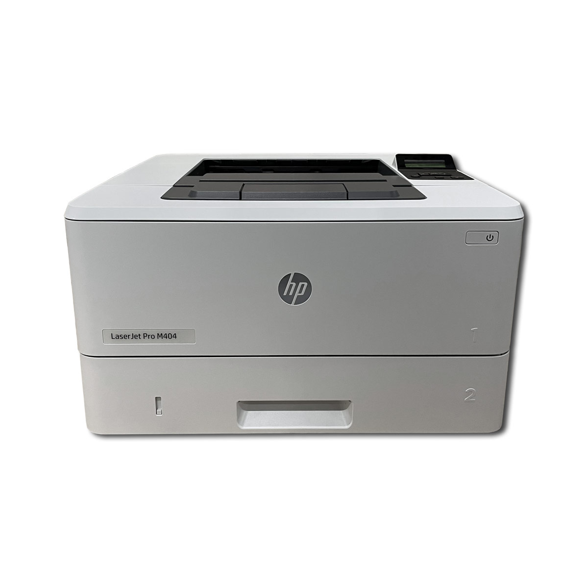 Weißer und grauer HP Laserjet Pro M404 Drucker auf weißem Hintergrund. Vorderansicht.