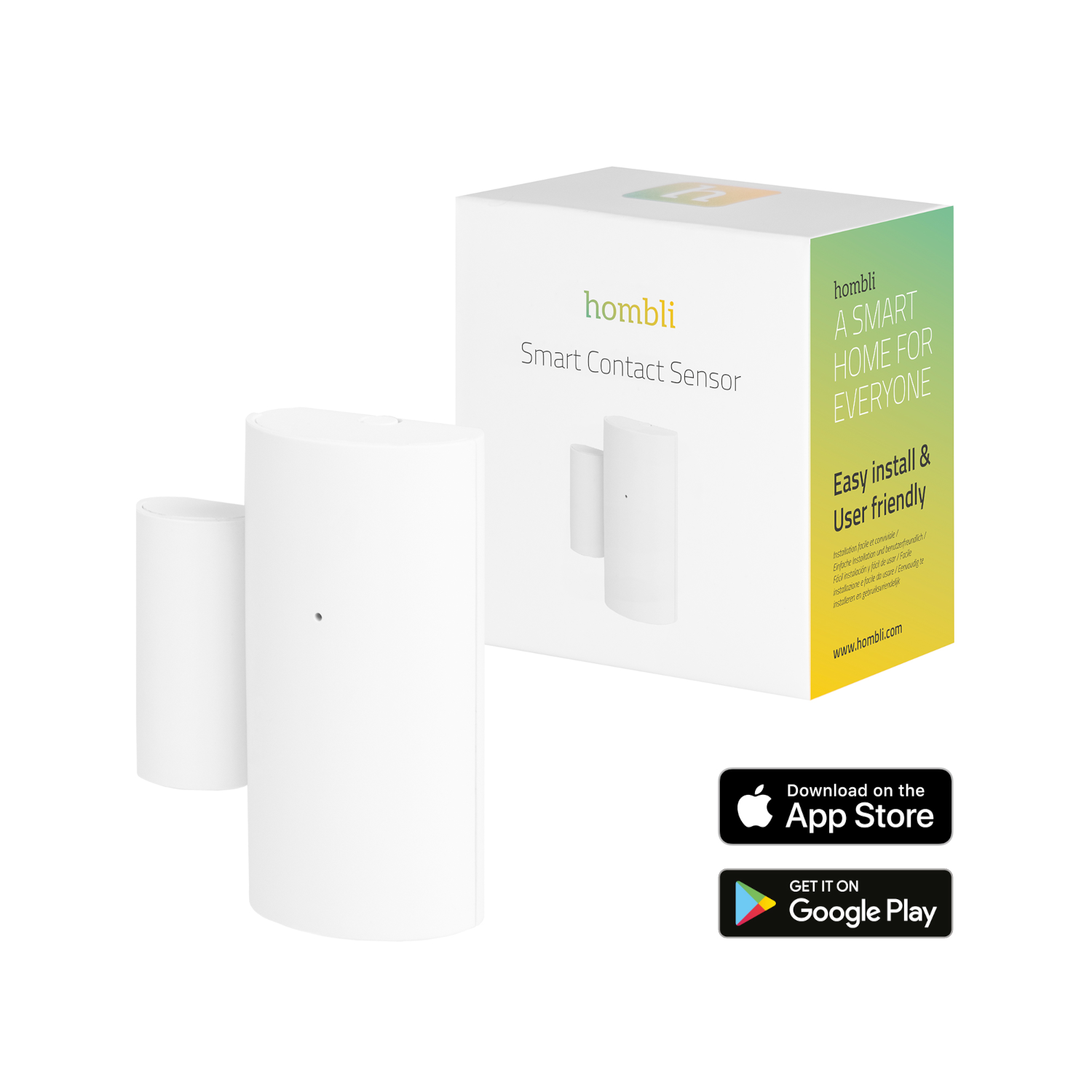 Weißer intelligenter Kontaktsensor mit Box und Sensoreinheit sowie dem hombli-Logo und Text.