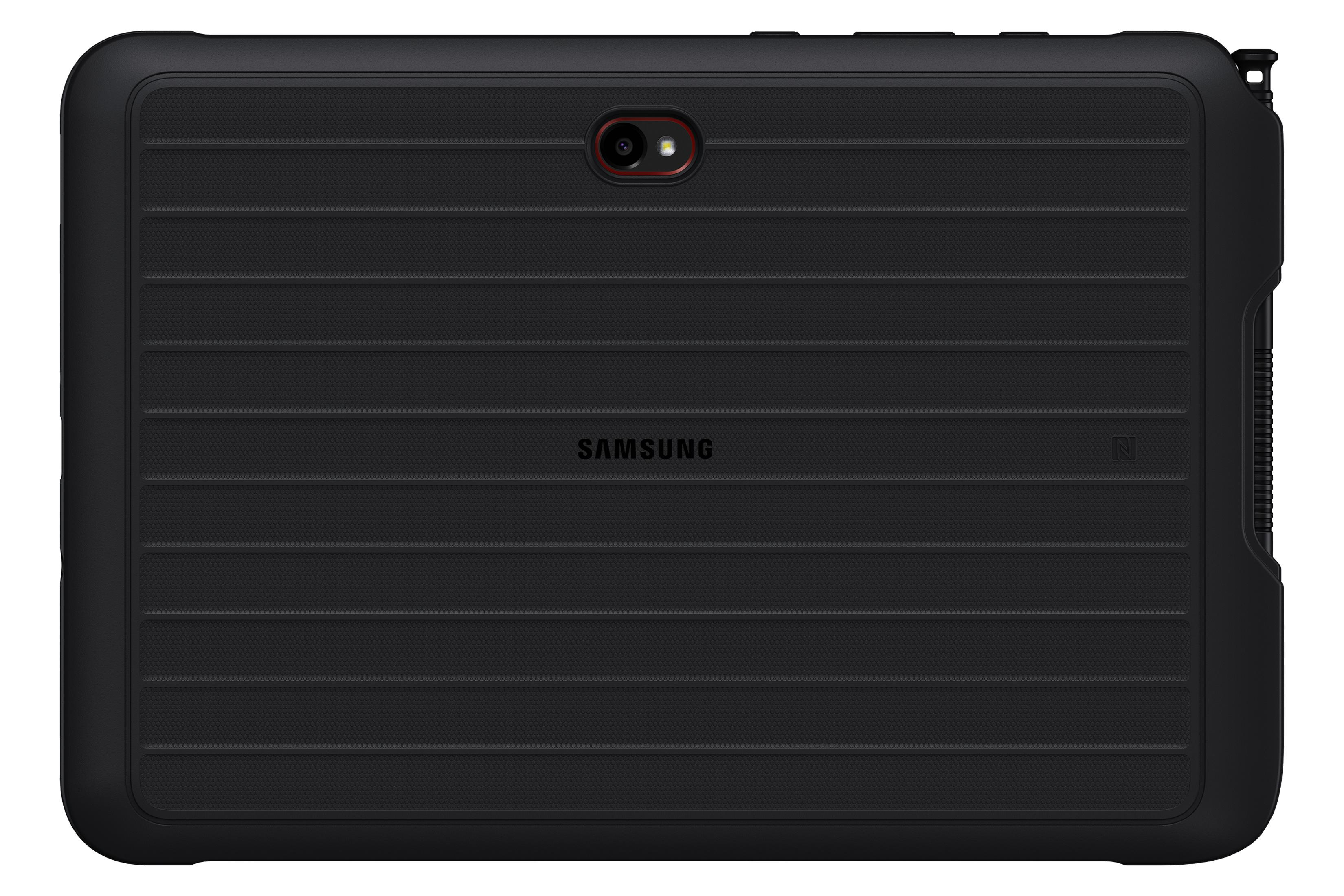 De achterkant van een zwarte Samsung tablet met een camera en een geribbeld ontwerp, met het Samsung-logo.