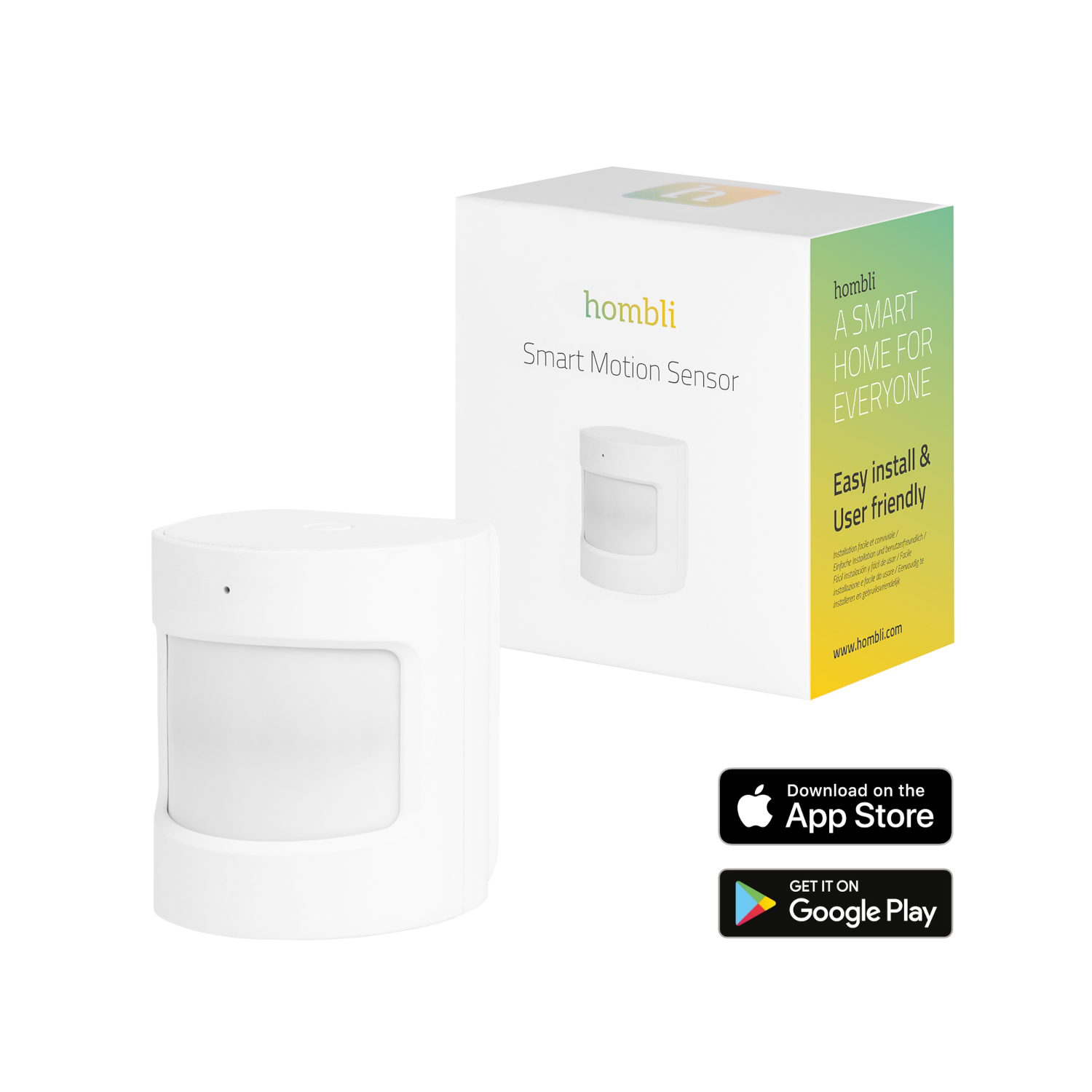 Sensore di movimento intelligente Homli bianco con una scatola e link per il download dell'app.