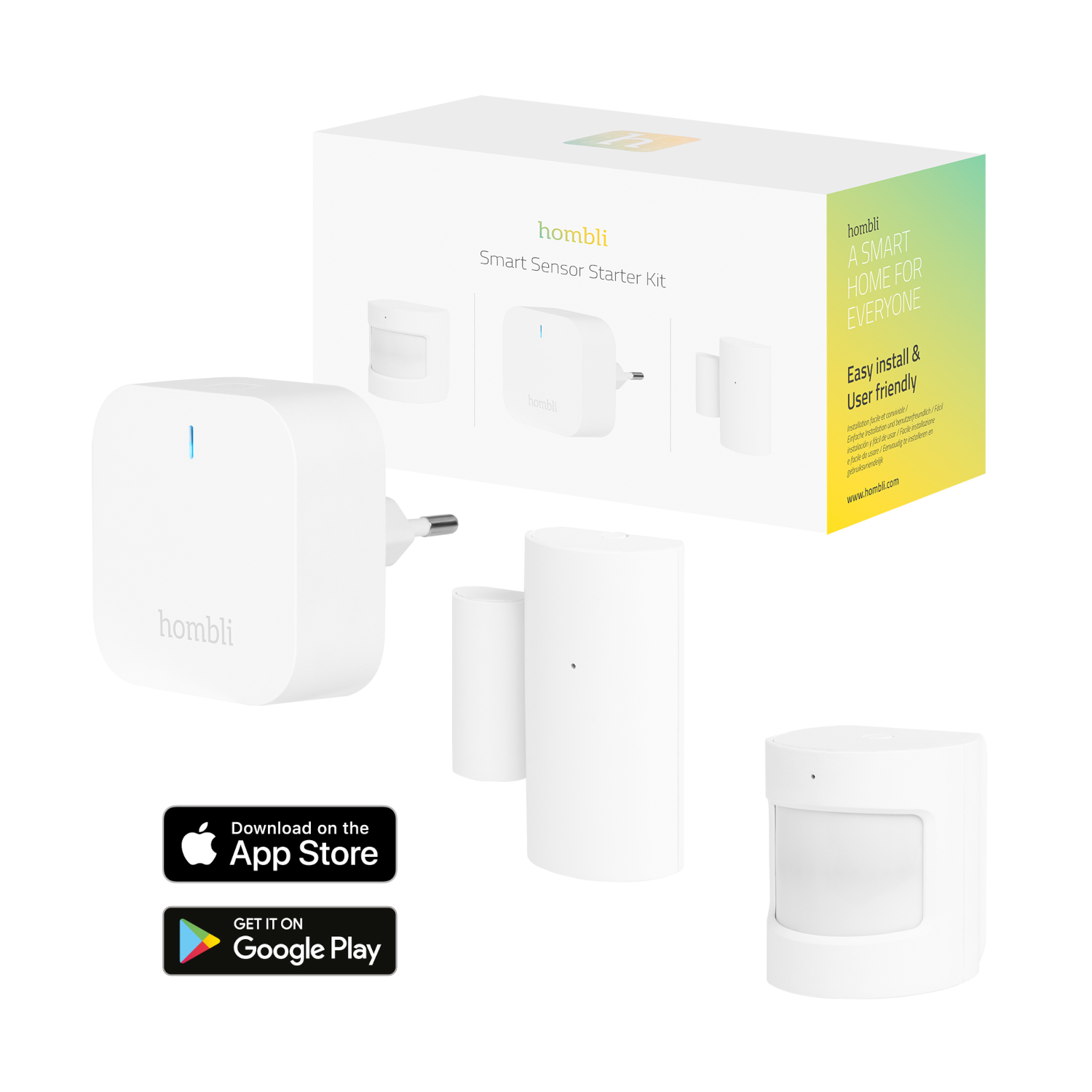 Weißes Hombli Smart Sensor Starter Kit. Enthält einen Stecker, einen Türsensor und einen Bewegungssensor. Weißer Hintergrund.