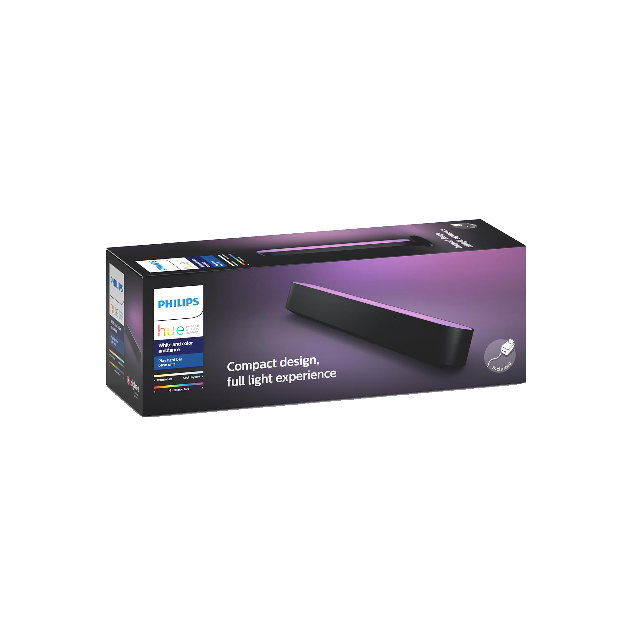 Eine Schachtel mit einer Philips Hue Play Light Bar, mit Text und dem Philips-Logo darauf.