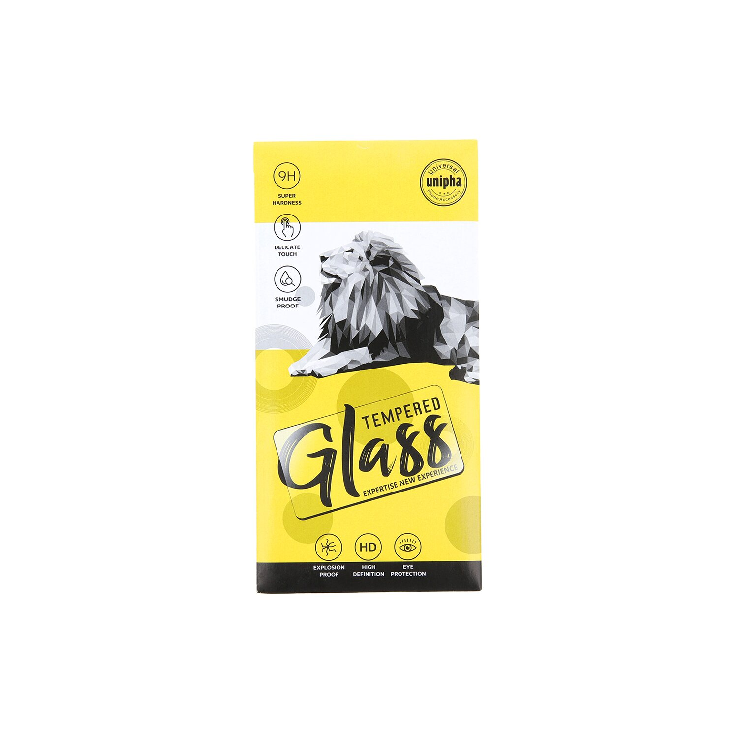 Verpackung aus gehärtetem Glas. Gelbe und schwarze Verpackung. Löwenbild. Text 'Glass' prominent.
