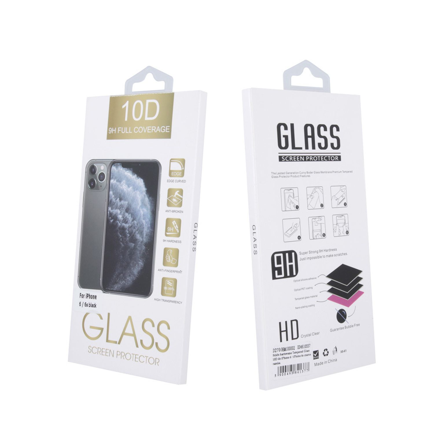 Zwei weiße Packungen mit Displayschutzfolien für Telefone, mit Handys auf der Vorderseite.
