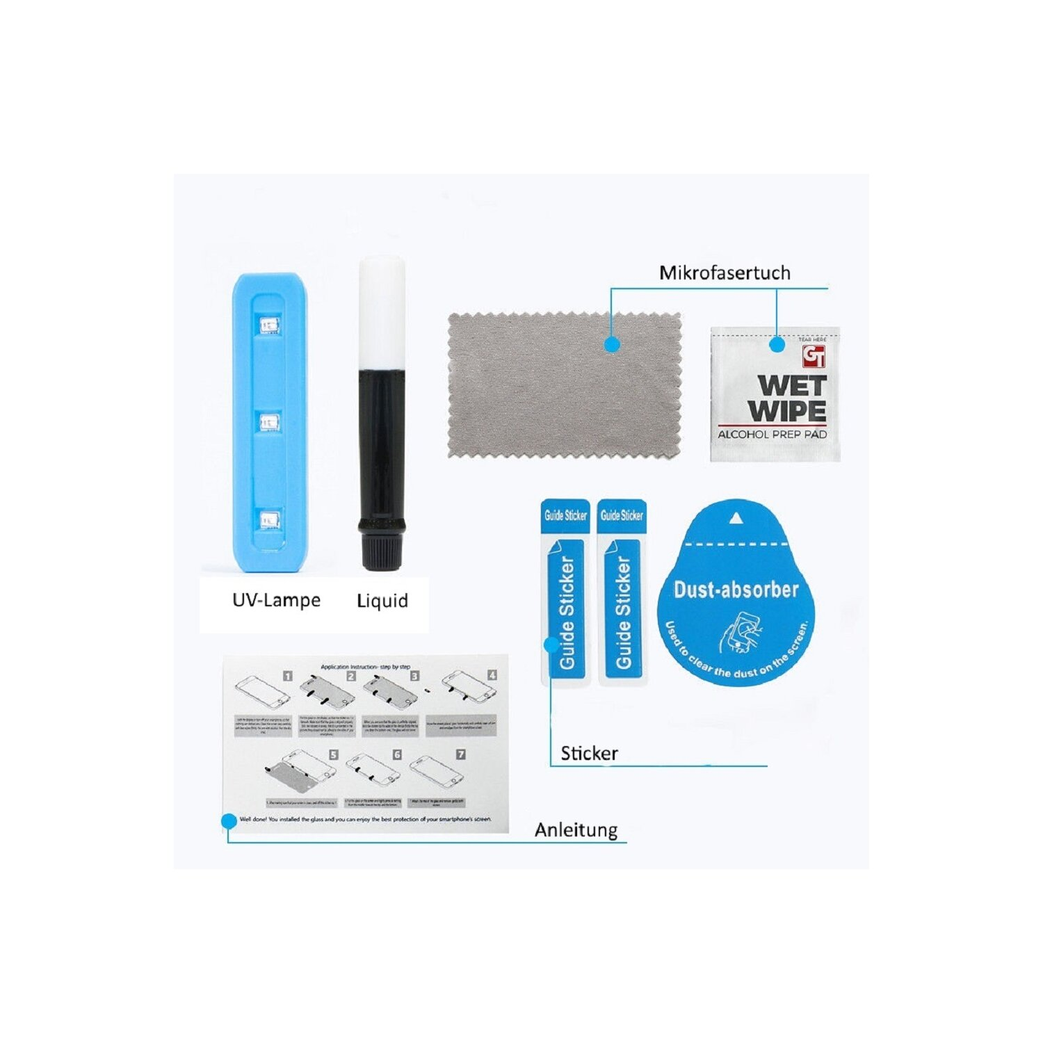 Displayschutzfolien-Kit: UV-Lampe, Flüssigkeit, Wischtuch, Aufkleber, Staubabsorber und Anleitung, alles auf weißem Untergrund.