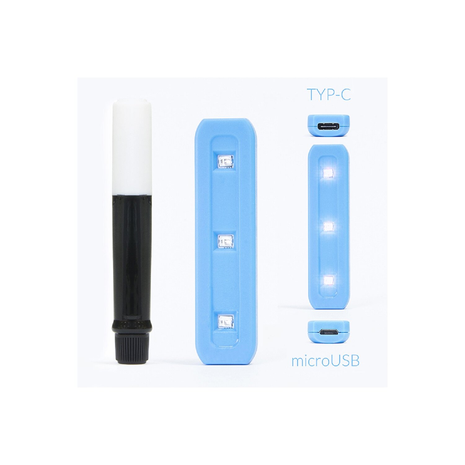 Drei blaue UV-Lichtgeräte, eines mit weißem Aufsatz und zwei mit USB-Anschlüssen.