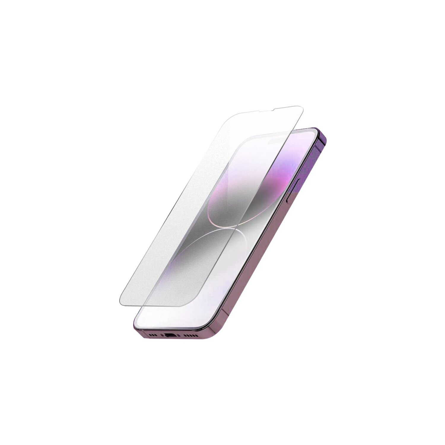 Smartphone mit Displayschutzfolie. Das Telefon ist lila, der Schutz ist transparent.