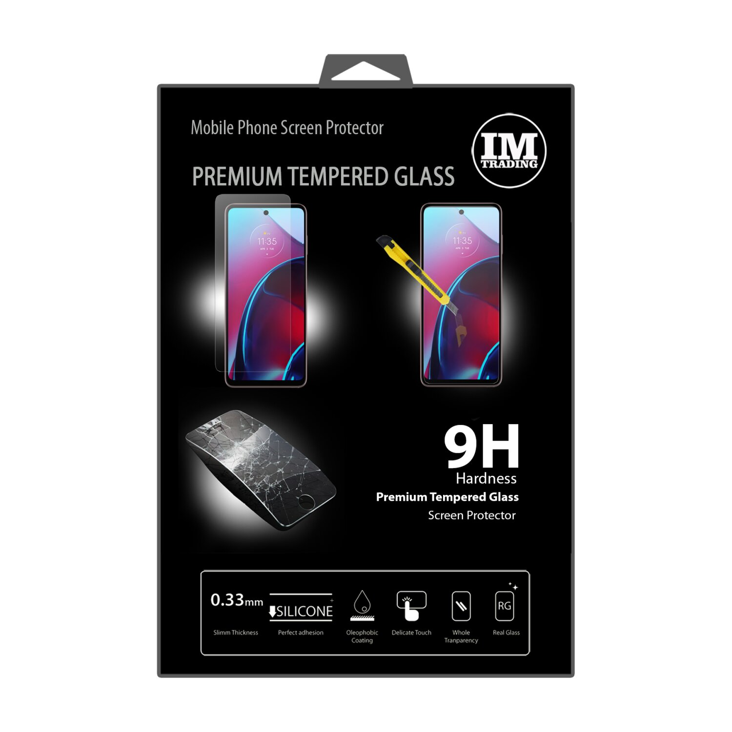 Eine schwarze Displayschutzfolien-Box mit Telefon- und Cutter-Illustration, Text '9H'.