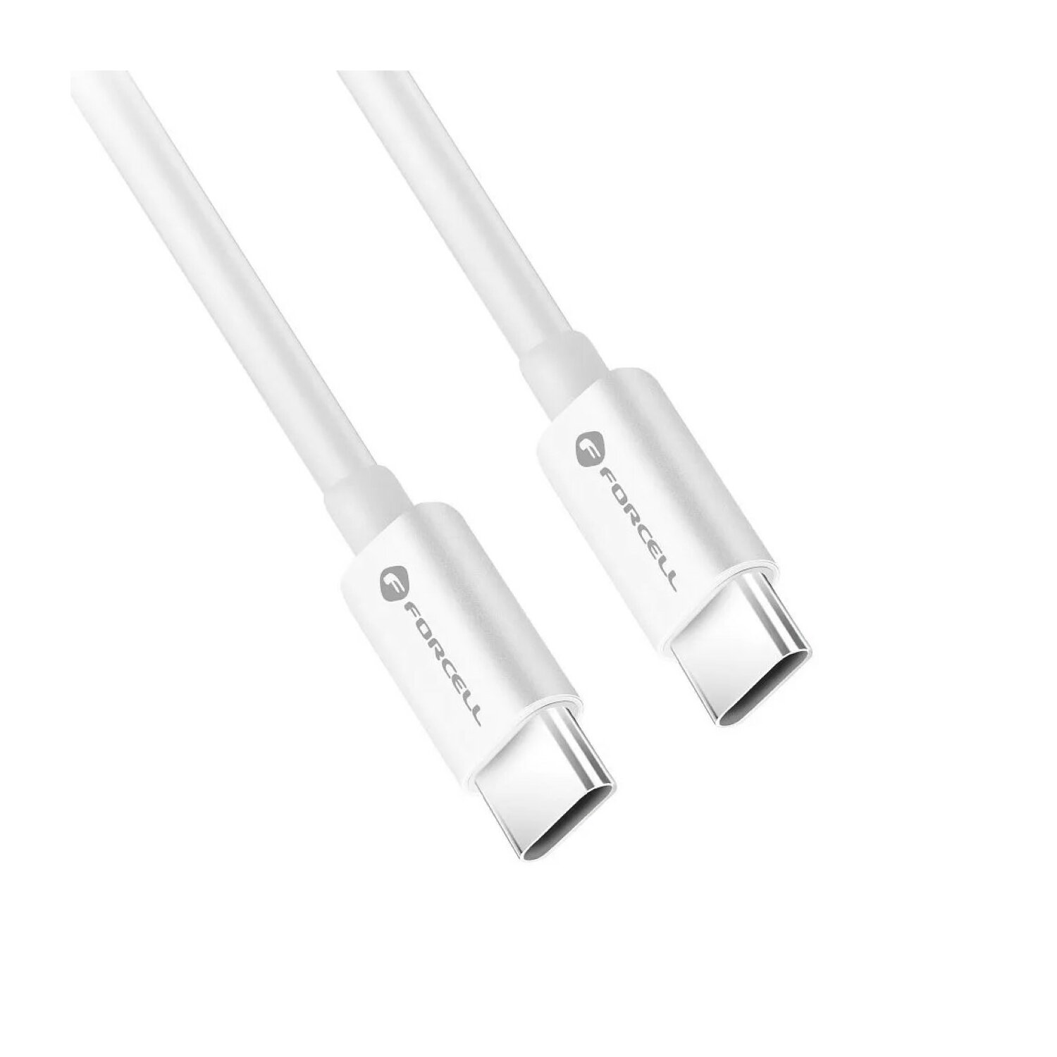 Zwei weiße FORCELL USB-C-Kabel auf weißem Hintergrund.
