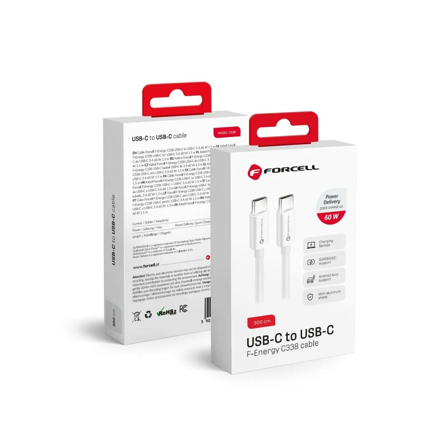 USB-C-zu-USB-C-Kabel, verpackt in einer weißen Box, 60W.