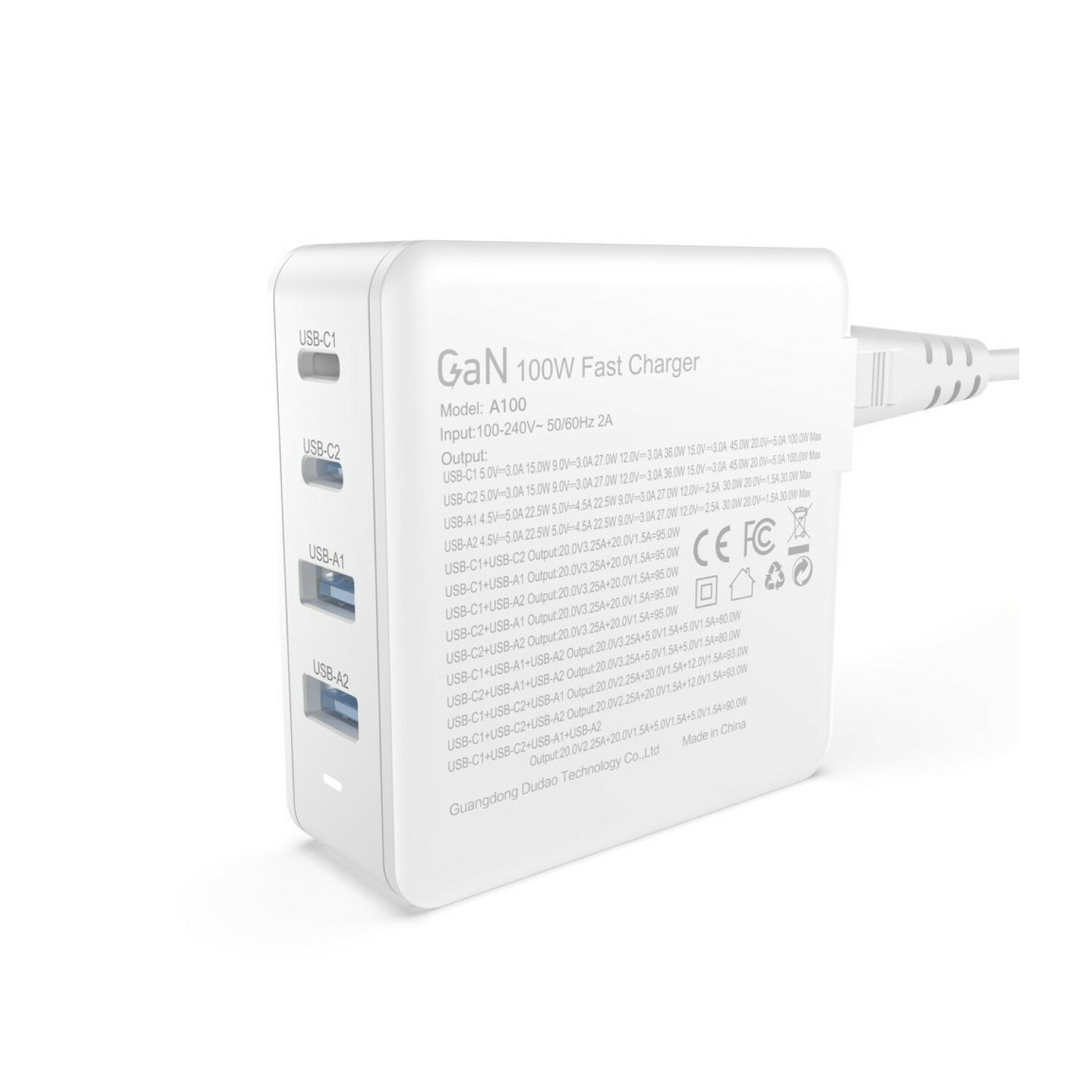 Biała szybka ładowarka GaN 100W z wieloma portami USB na białym tle, z tekstem.