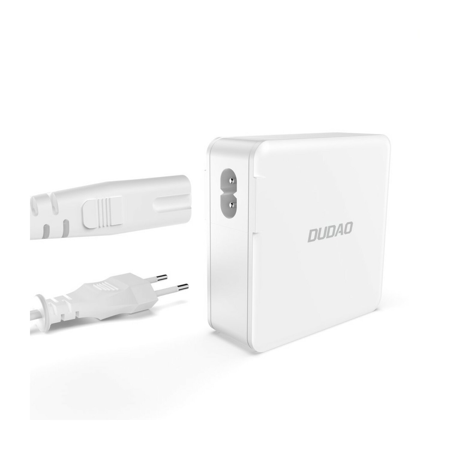 Biały zasilacz DUDOA z dwoma wtyczkami i wtyczką dwupinową. Białe tło.
