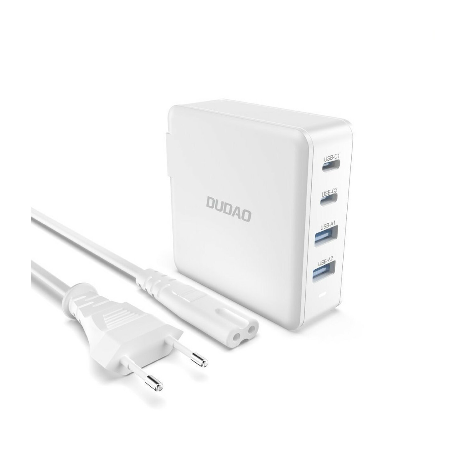 Biała ładowarka z wieloma portami USB i kablem zasilającym. Widoczne logo DUDAO.