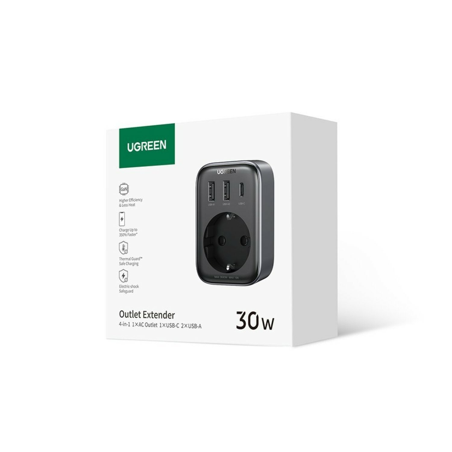 Biały przedłużacz gniazda z portami USB i wtyczką. Tekst: 'UGREEN' i '30W'.