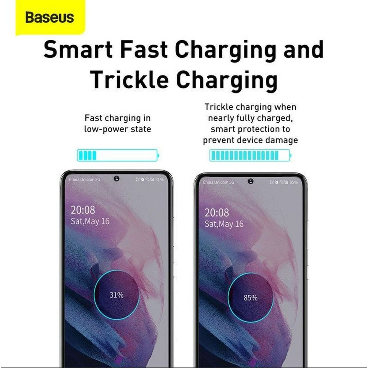 Reklama ładowarki Baseus. Dwa telefony pokazują stan naładowania. Jeden na 31%, drugi na 85%.