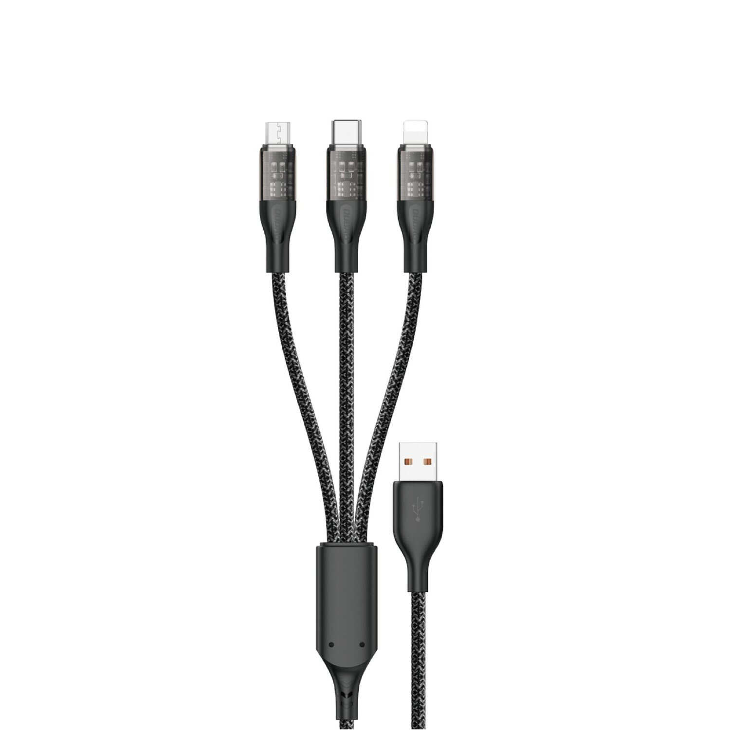 Ein schwarz-graues geflochtenes USB-Ladekabel mit drei verschiedenen Ladeanschlüssen.