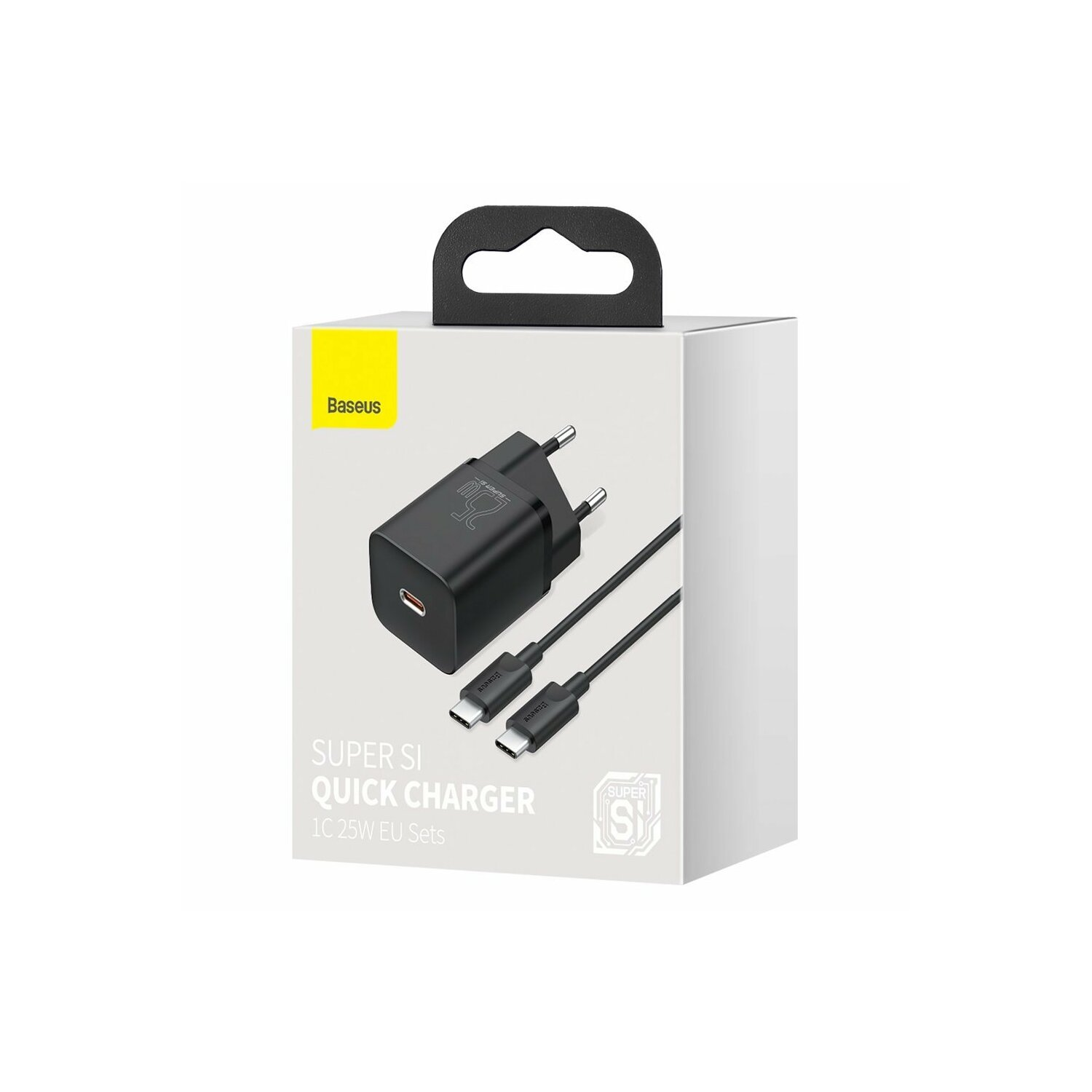 Czarna ładowarka Baseus i dwa czarne kable w pudełku.