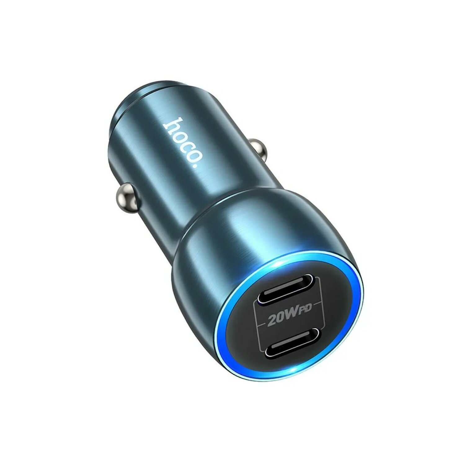 Blaues hoco. Autoladegerät mit zwei USB-A-Anschlüssen, beschriftet mit 20W PD. Weißer Hintergrund.
