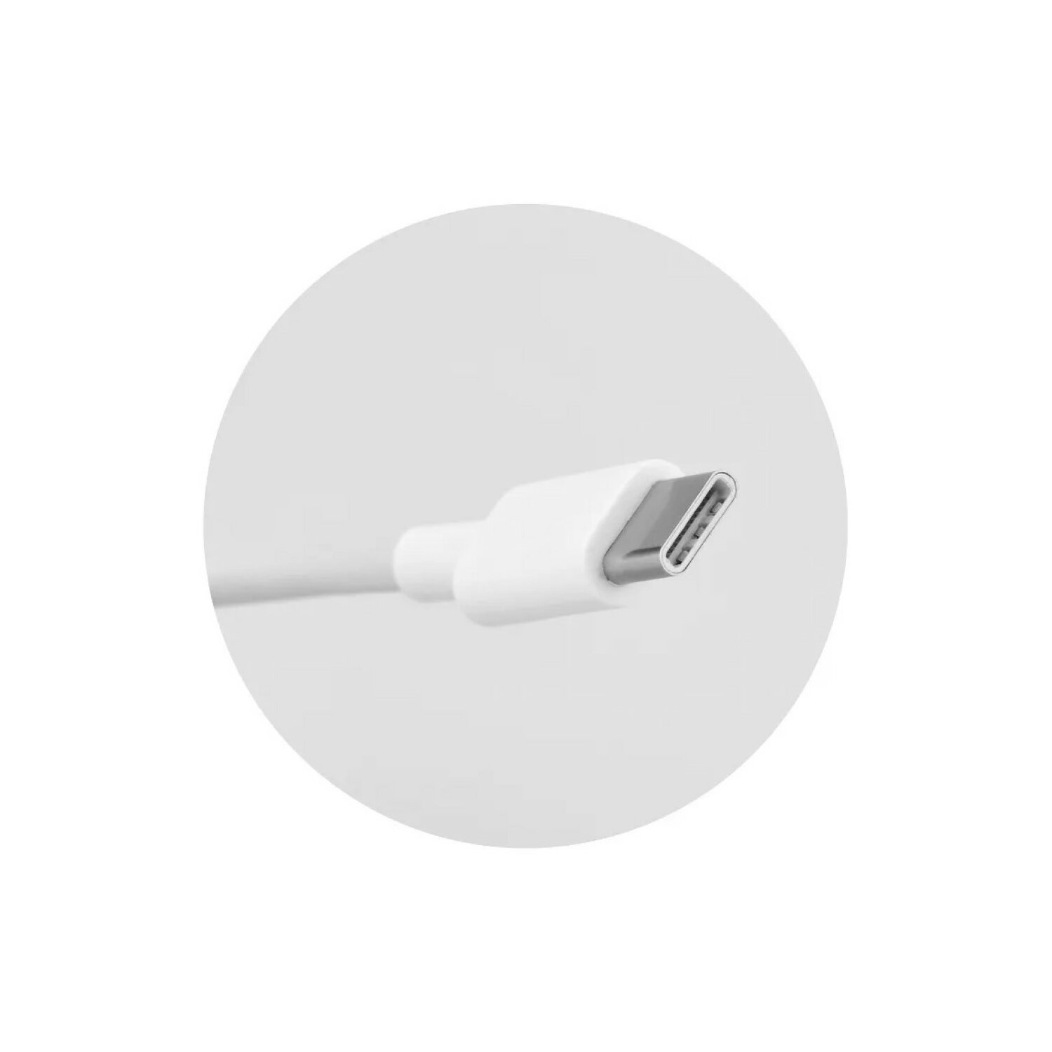 Weißes USB-C-Kabel mit weißem Stecker, vor weißem Hintergrund in einem weißen Kreis dargestellt.
