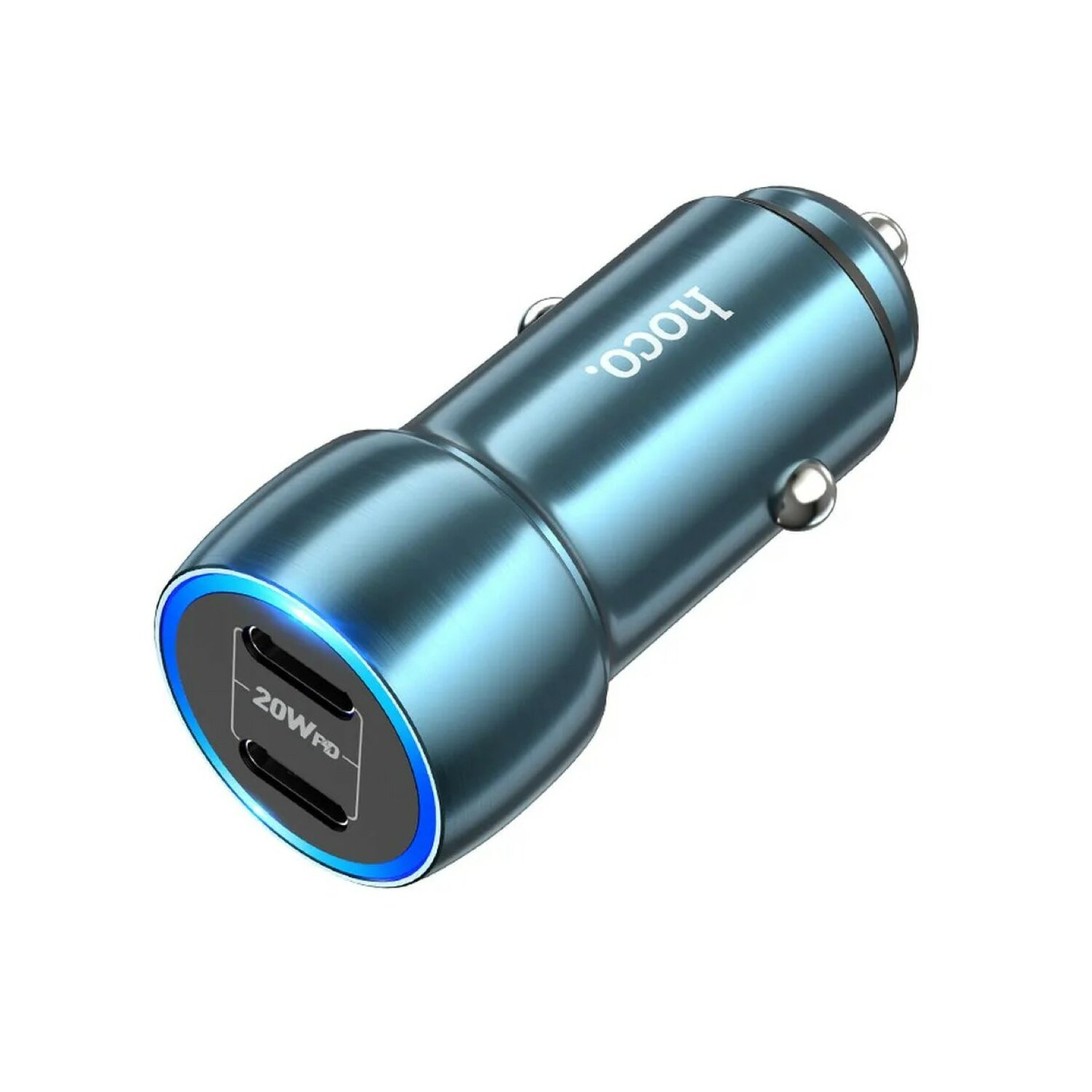 Ein blaues Autoladegerät mit einem 20W PD-Anschluss. Es ist zylindrisch und hat ein blaues Licht.