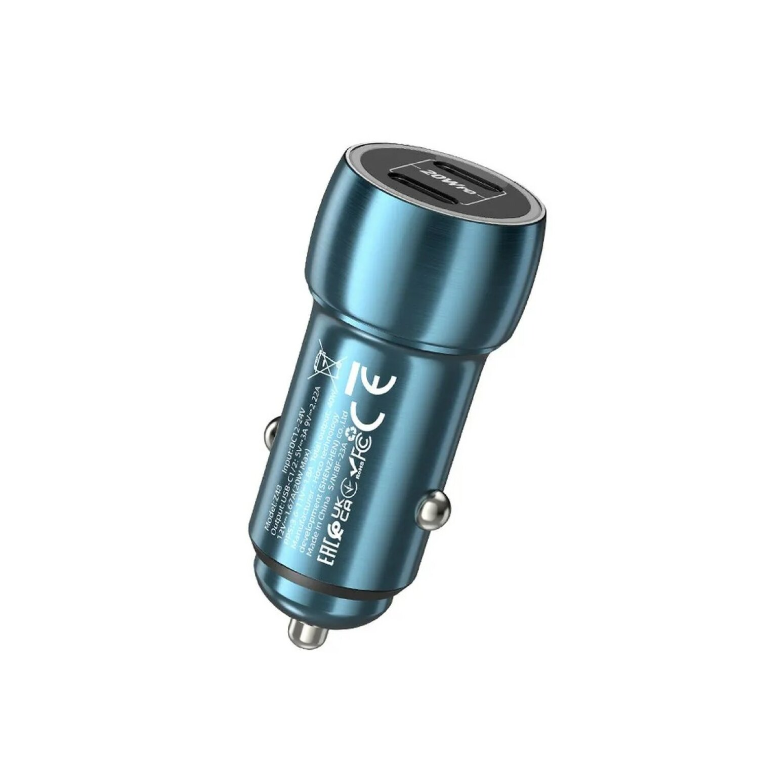 Ein blaues Autoladegerät mit zwei USB-Anschlüssen. Es hat Branding und technische Informationen aufgedruckt.