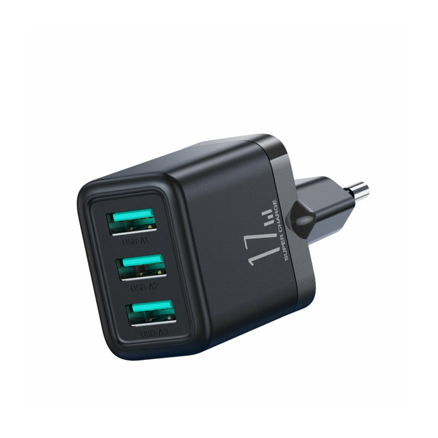 Schwarzes USB-Ladegerät mit drei USB-A-Anschlüssen und dem Aufdruck '17W SUPER CHARGE' an der Seite.