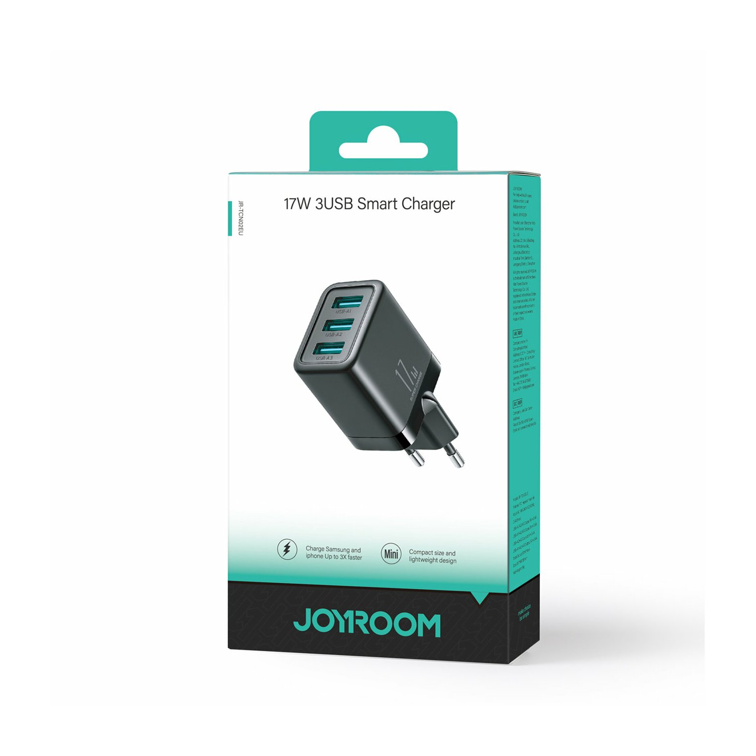 Eine Box für ein 17W 3USB Smart Charger von JOYROOM. Das Ladegerät ist schwarz. Weißer Hintergrund.