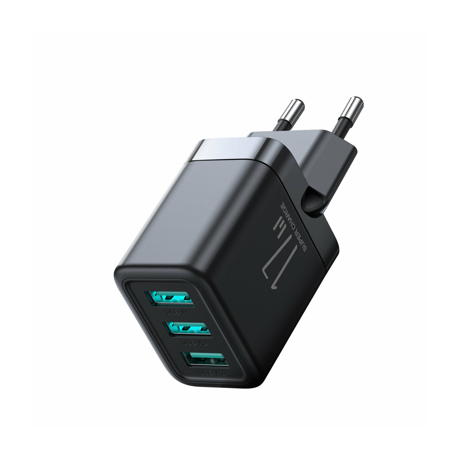 Ein schwarzes USB-Ladegerät mit drei USB-Anschlüssen. Das Ladegerät hat silberfarbene Stifte für die Steckdose.