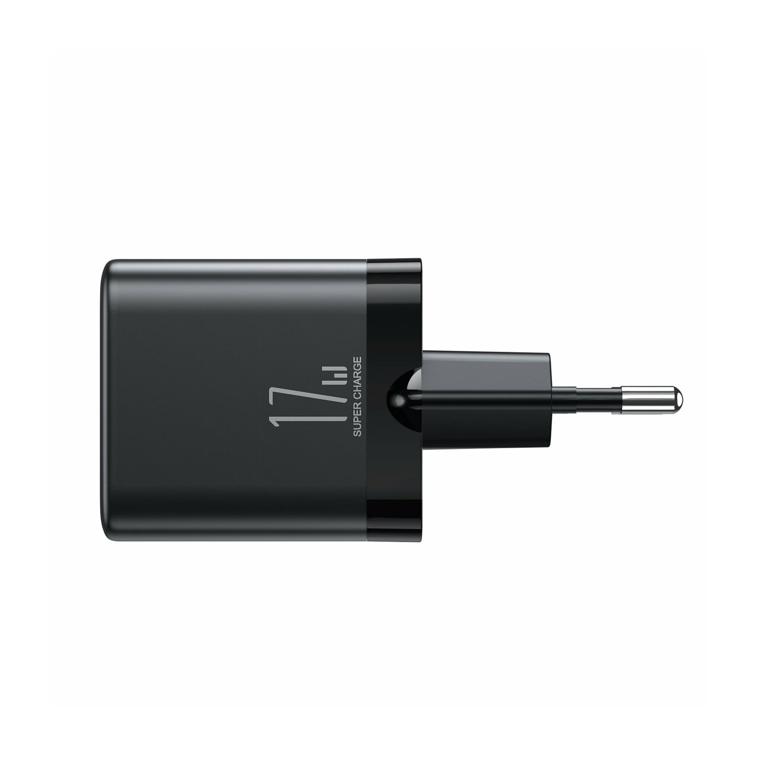 Schwarzes Ladegerät mit Stecker. Es trägt die Aufschrift '17W Super Charge'.