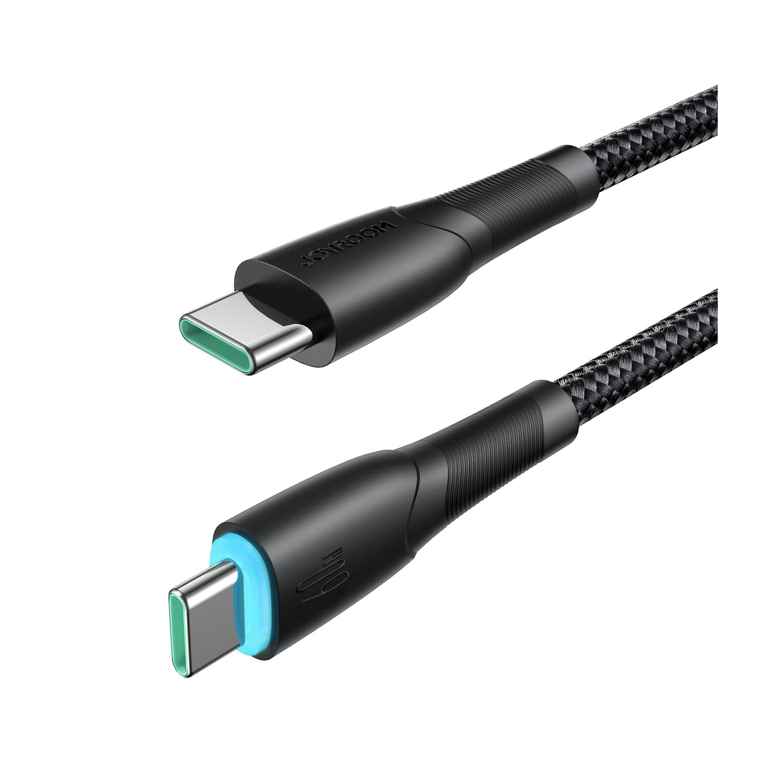 Zwei schwarze USB-C-Kabel mit grünen Anschlüssen, eines mit blauem Licht.