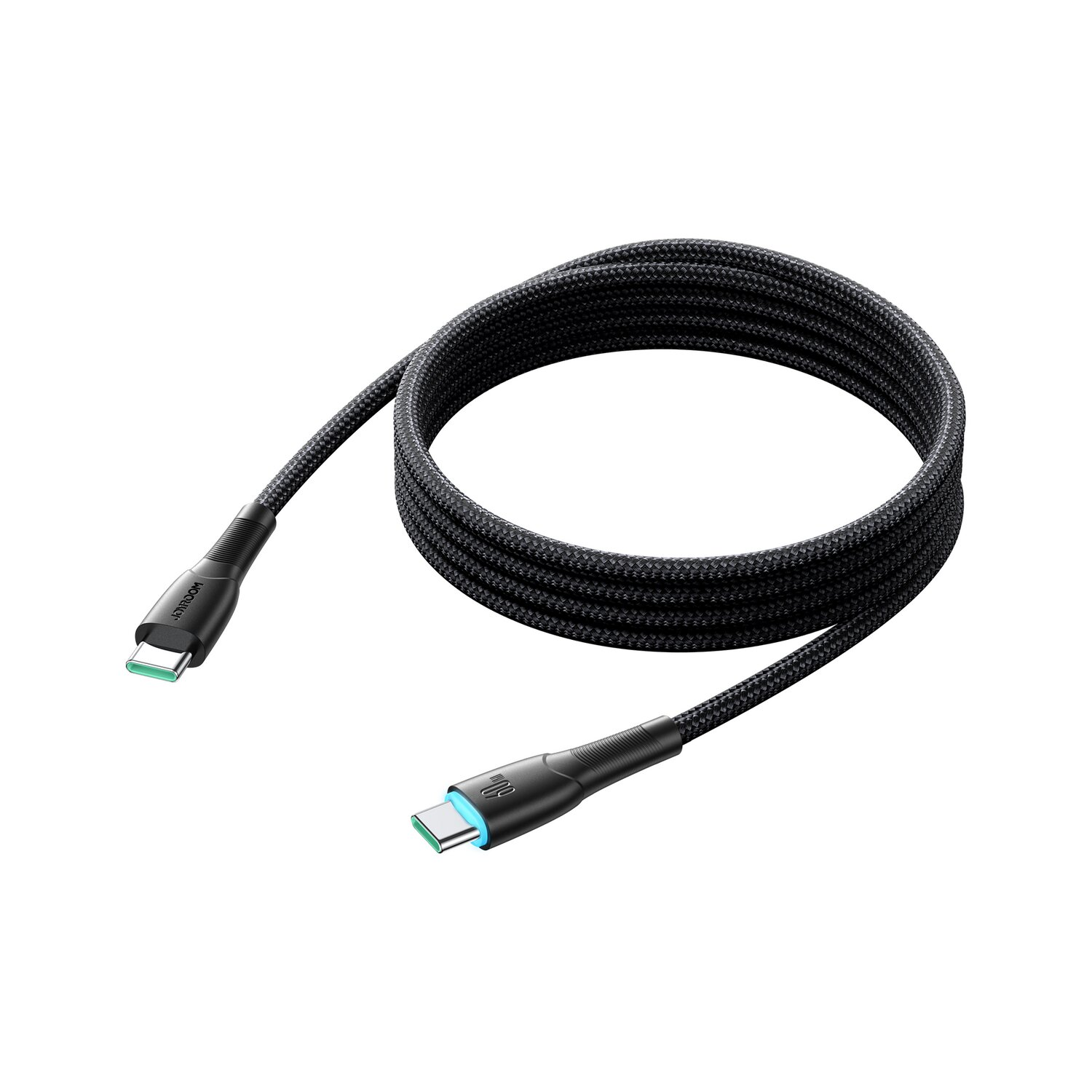 Schwarzes geflochtenes Kabel. Zwei USB-C-Anschlüsse mit blauem Licht. Weißer Hintergrund.