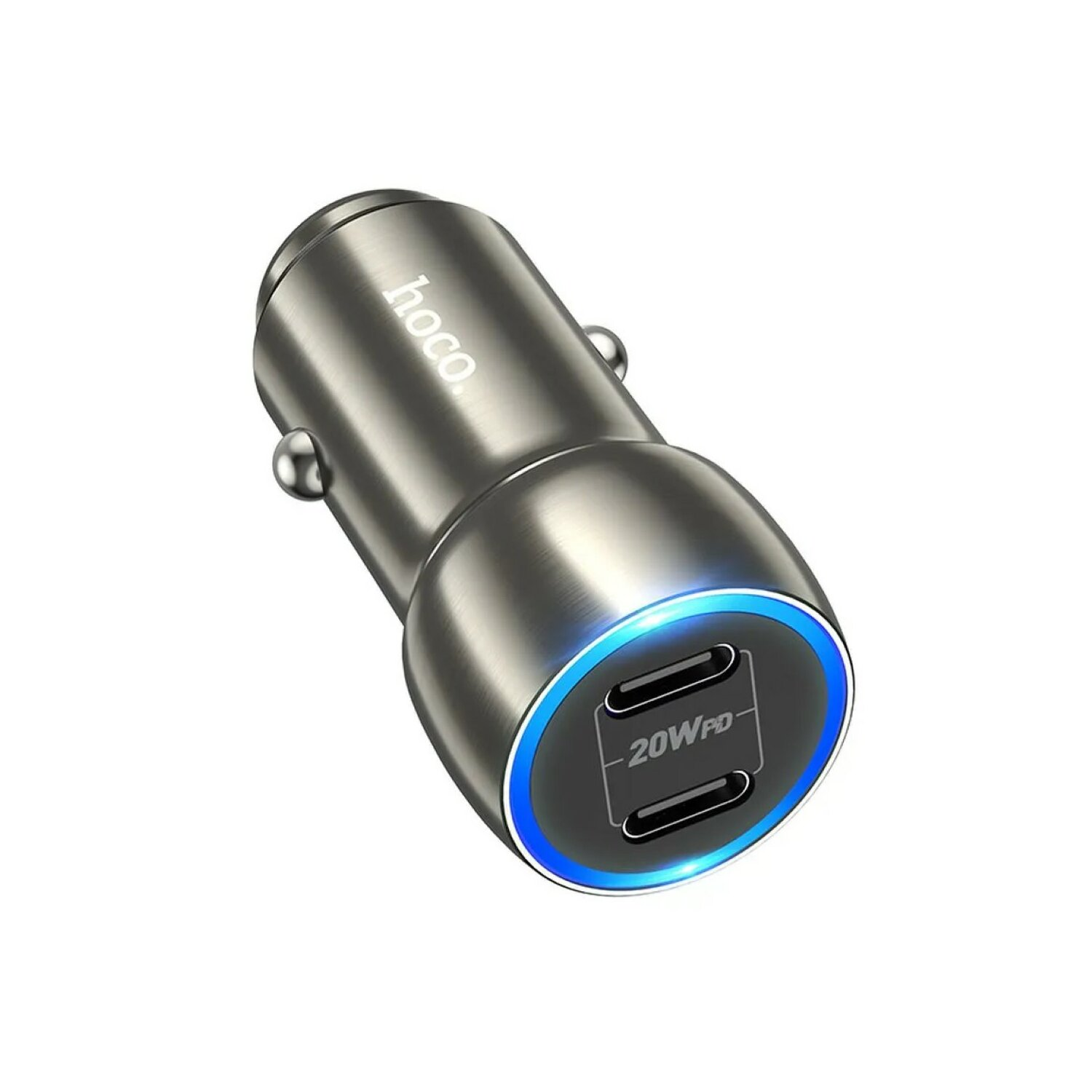 Ein silbernes Autoladegerät mit zwei USB-Anschlüssen, blau leuchtend. Weißer Hintergrund.