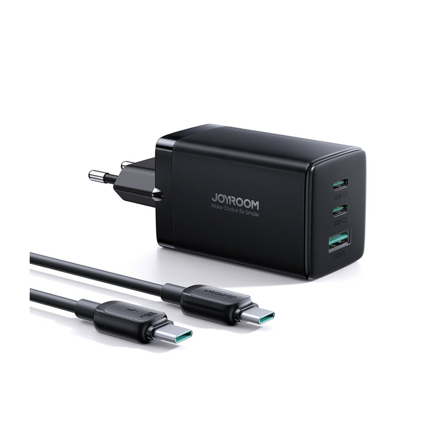 Czarna ładowarka Joyroom z wieloma portami USB i kablem USB-C na białej powierzchni.