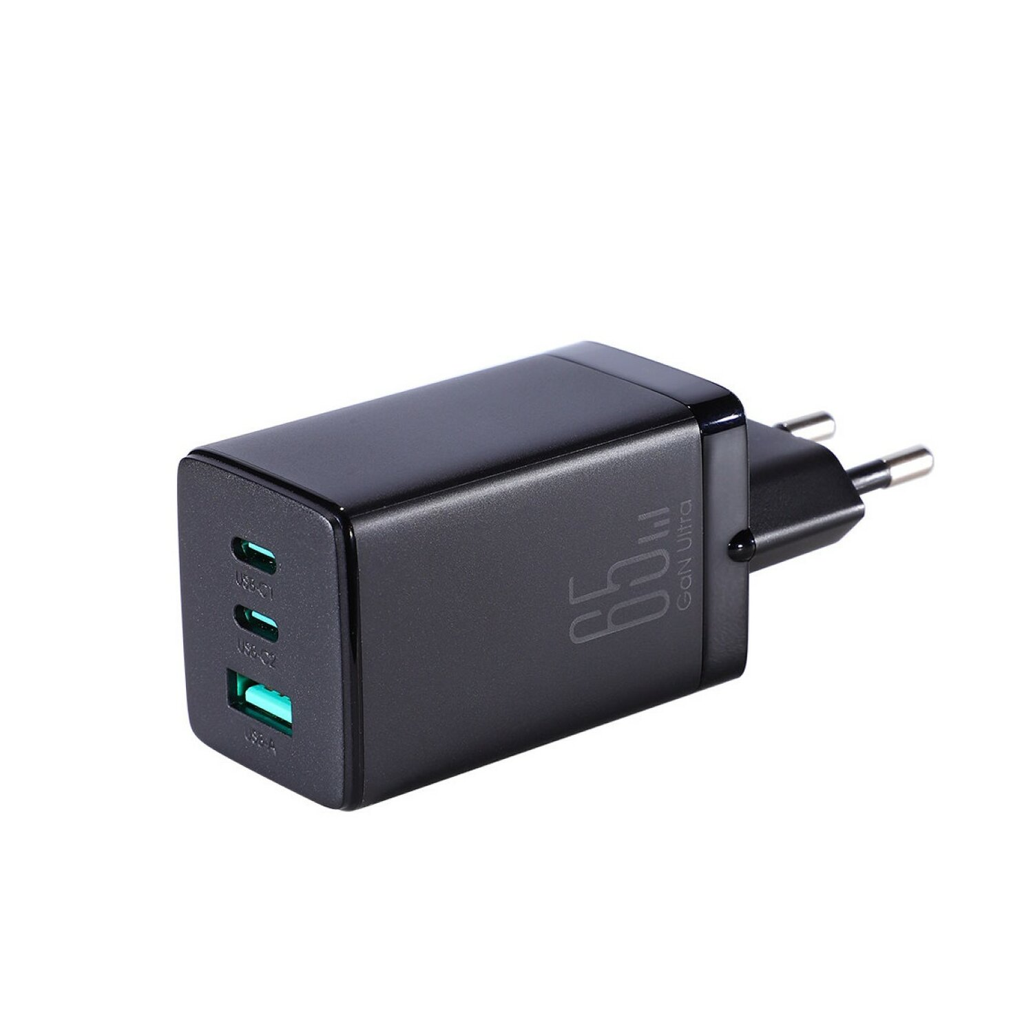 Czarna ładowarka 65W z 2 portami USB-C i portem USB-A. Ma wtyczkę do gniazdka.