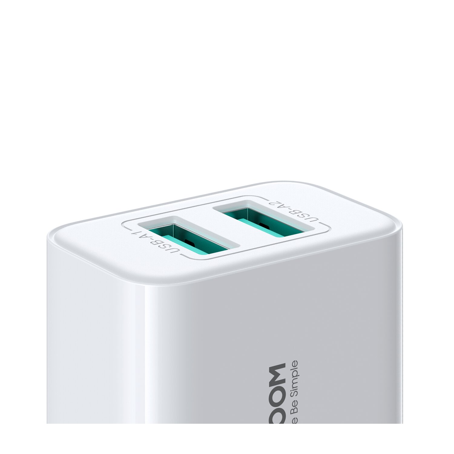 Weißes USB-Ladegerät mit zwei Anschlüssen, beschriftet mit USB-A1 und USB-A2.