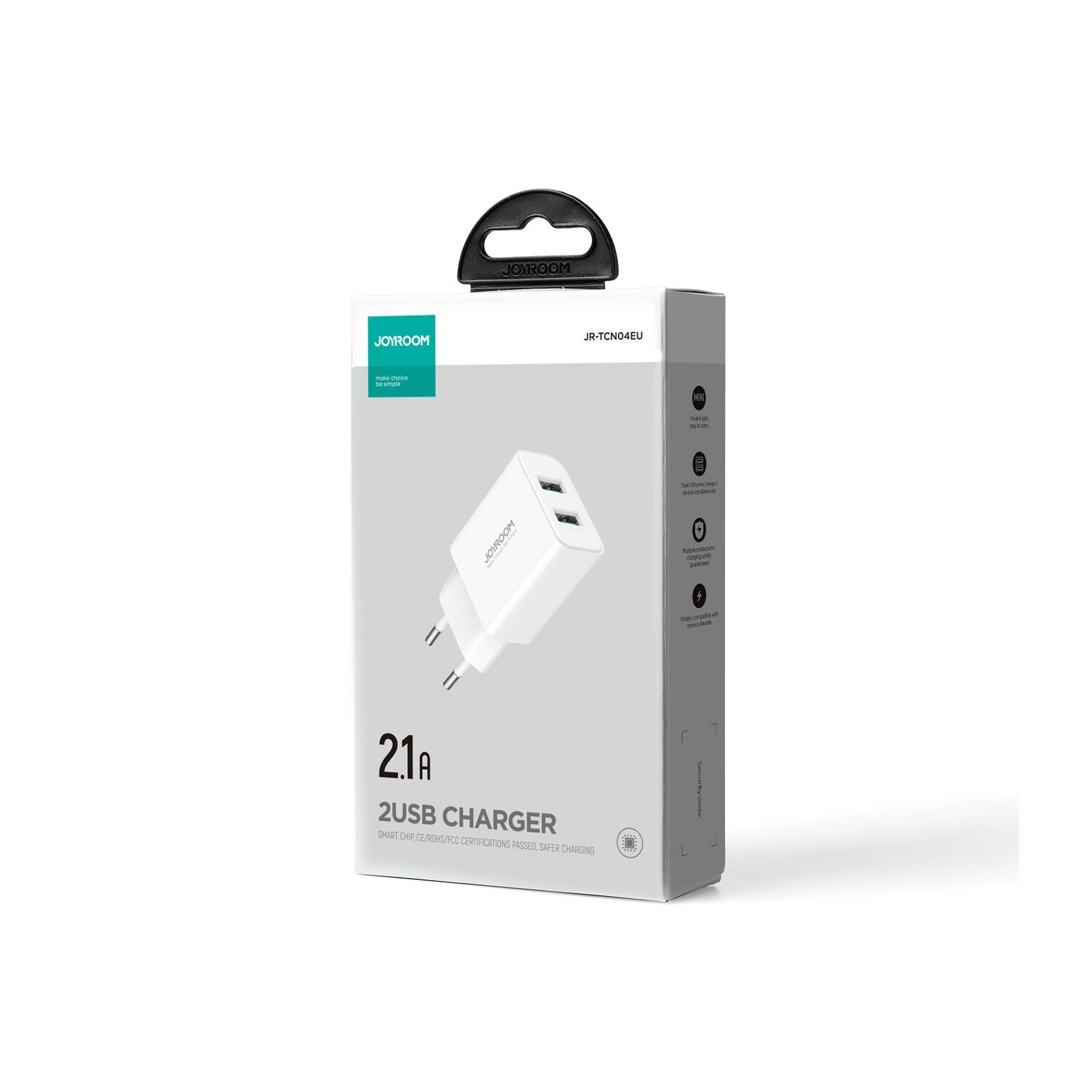 Ein weißes 2,1A 2USB-Ladegerät in einer Box. Die Box ist weiß und hat schwarzen Text.