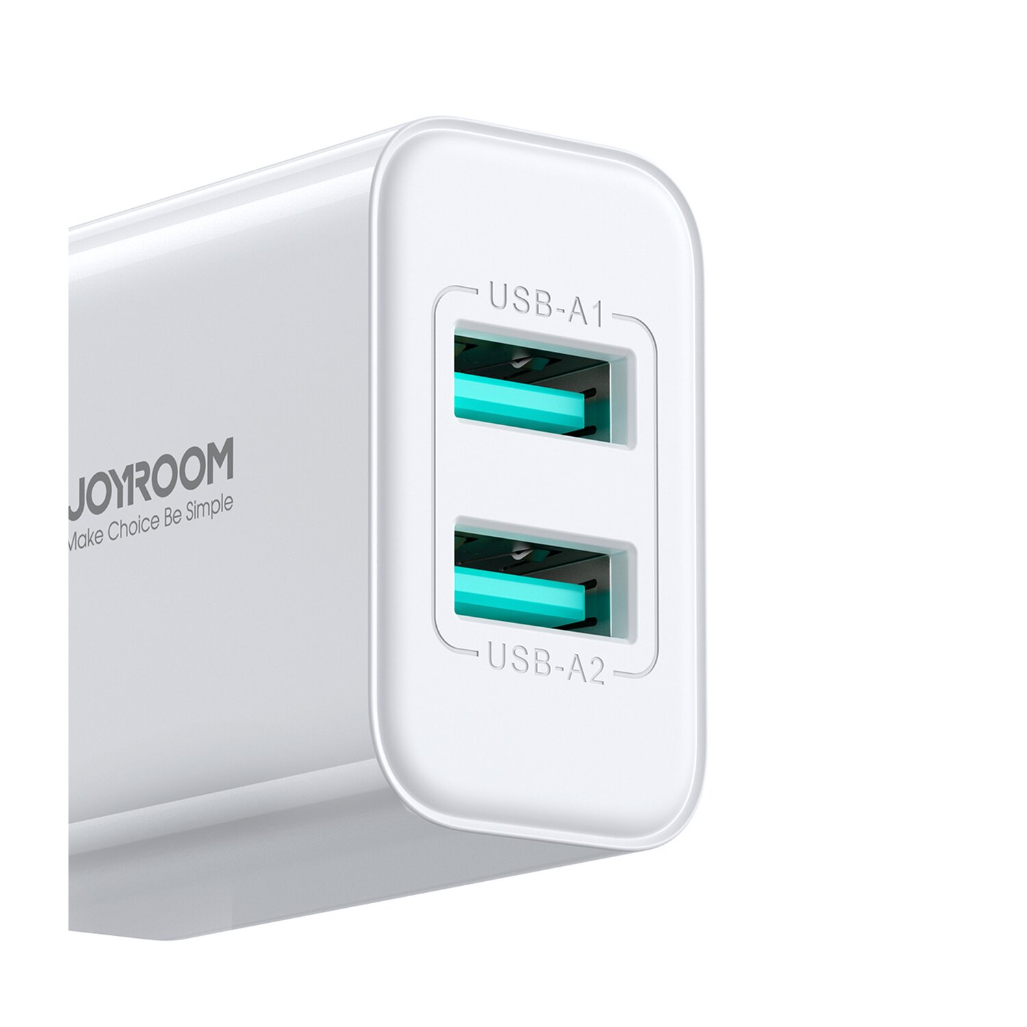 Weißes USB-Ladegerät mit zwei blauen USB-Anschlüssen. Joyroom ist die Marke.