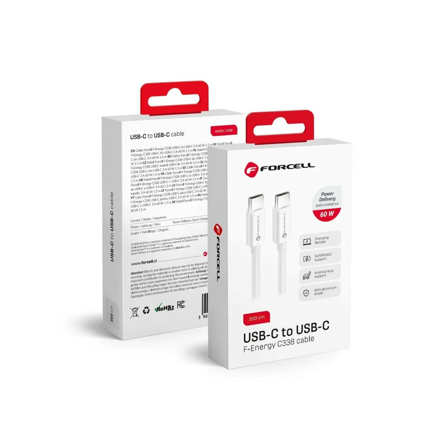 Eine Box mit der Aufschrift 'USB-C-zu-USB-C-Kabel' mit Funktionen: 60W Stromversorgung, Schnellladung und Aluminium.