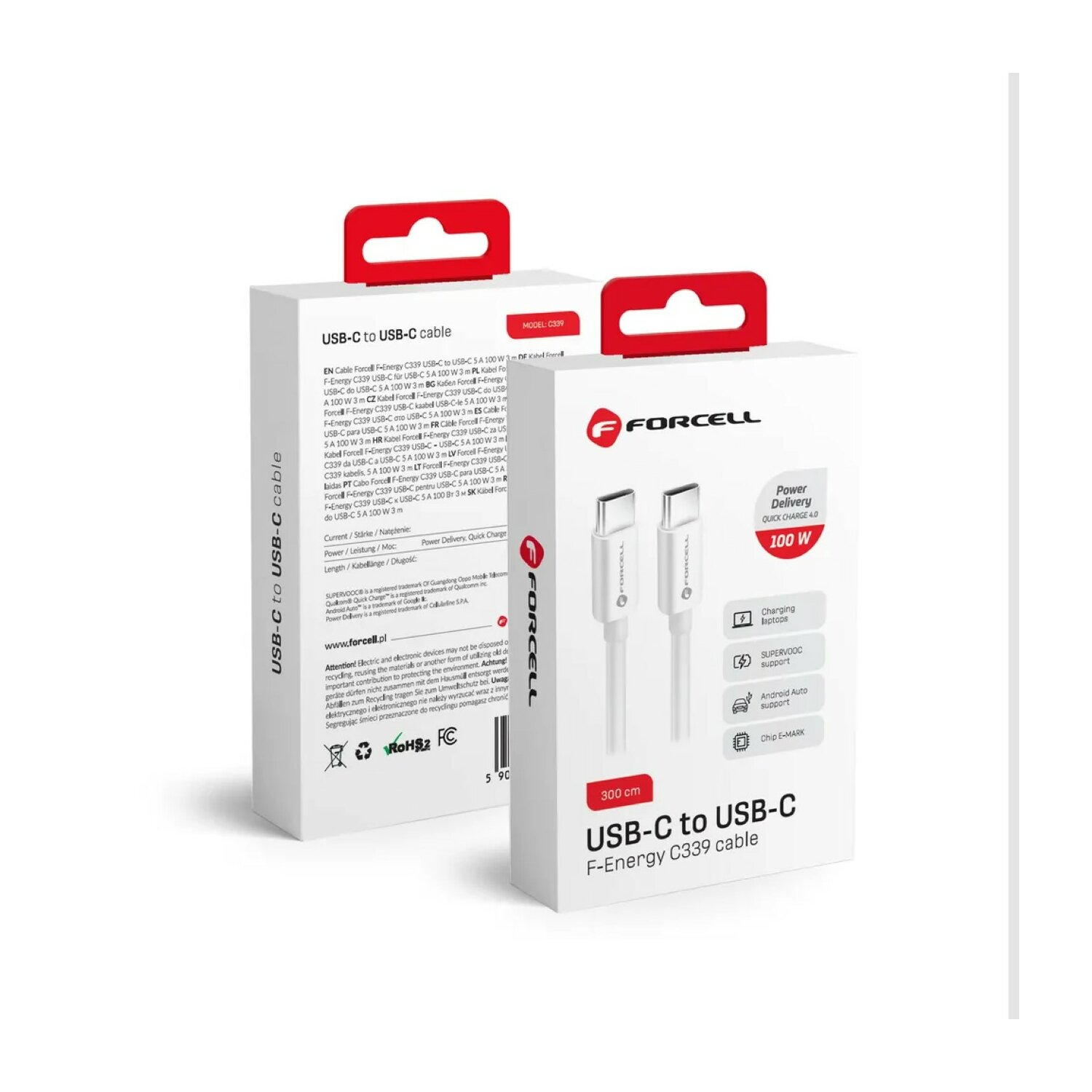 Zwei Kartons mit USB-C-zu-USB-C-Kabeln mit Produktdetails.