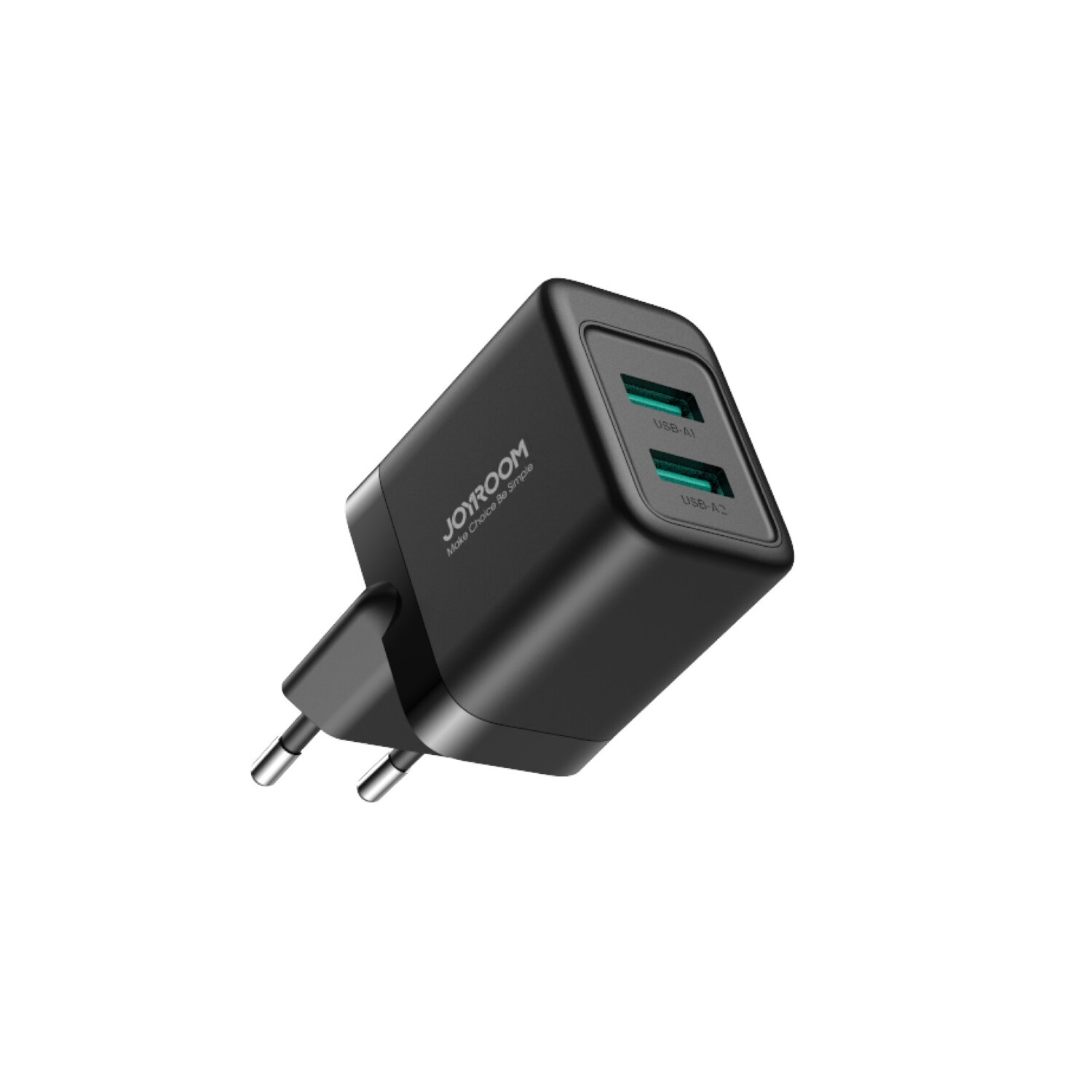 Ein schwarzes Dual-USB-Ladegerät mit europäischem Stecker, isoliert auf weißem Hintergrund.