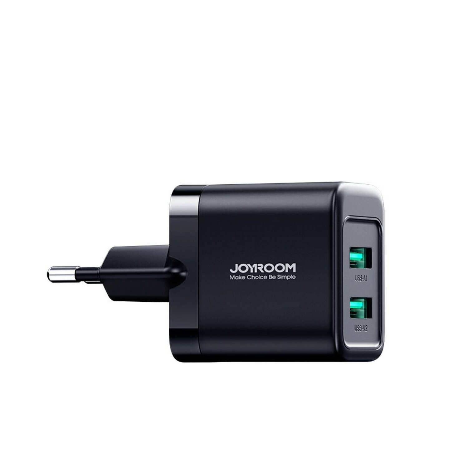 Ein schwarzes Wandladegerät mit zwei USB-Anschlüssen und dem Text 'JOYROOM'.