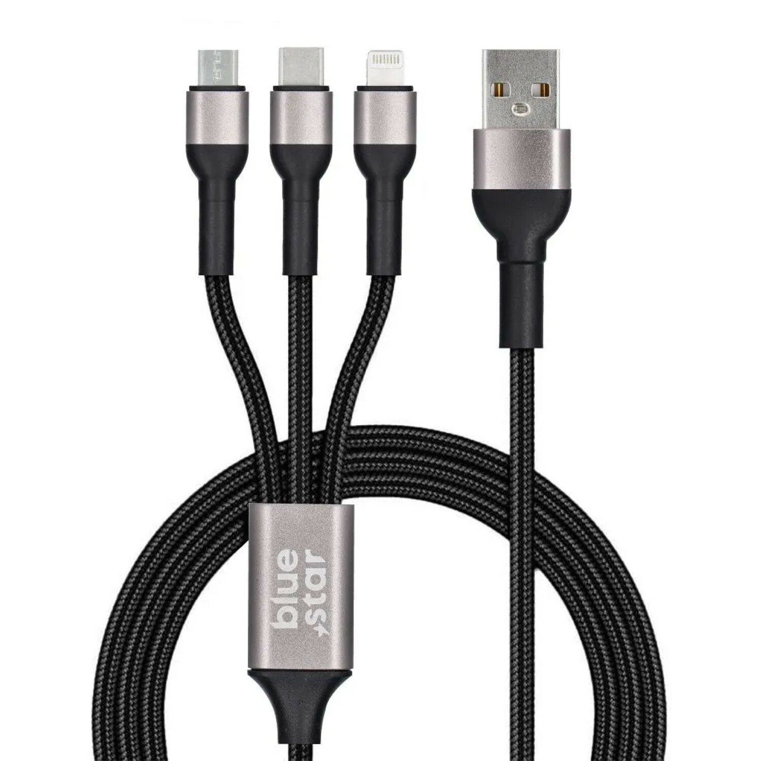 Ein Multi-Ladekabel mit vier Anschlüssen: Micro-USB, USB-C, Lightning und USB-A.