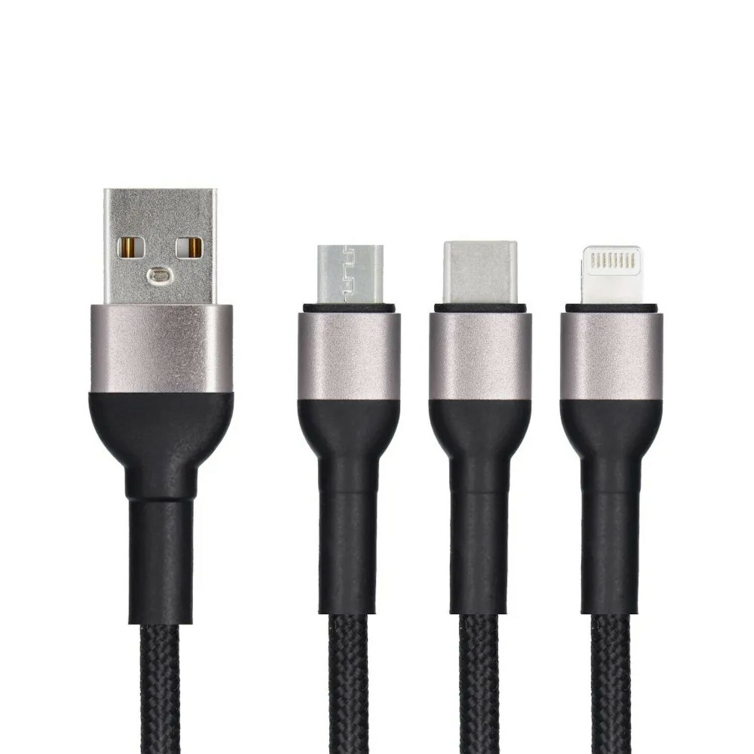 Vier Ladekabel: USB, Micro-USB, USB-C und Lightning. Schwarze Kabel mit silbernen Details.