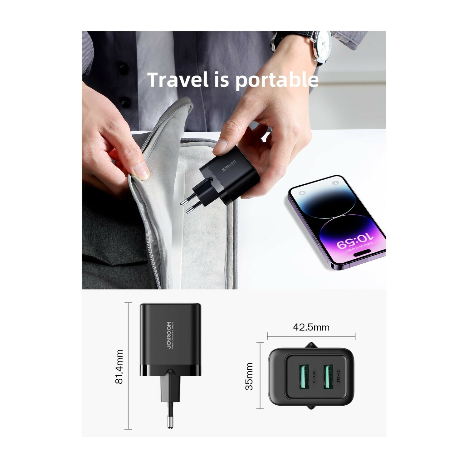 Eine Person hält ein schwarzes USB-Ladegerät mit Abmessungen und ein Telefon mit der Uhrzeit 10:59 auf dem Bildschirm.
