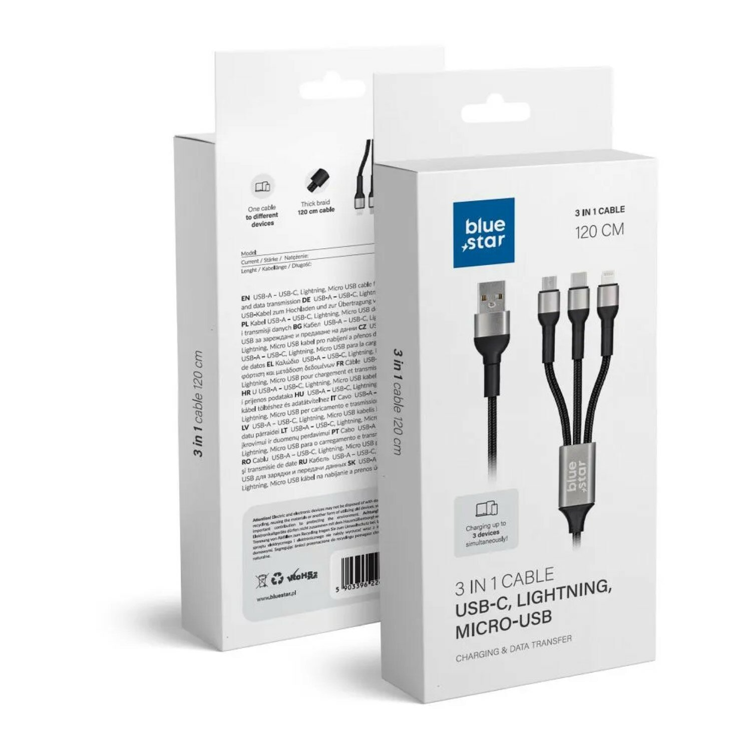 Ein 3-in-1 USB-C-Kabel in seiner Verpackung. Die Verpackung zeigt das Kabel und enthält Text in mehreren Sprachen.