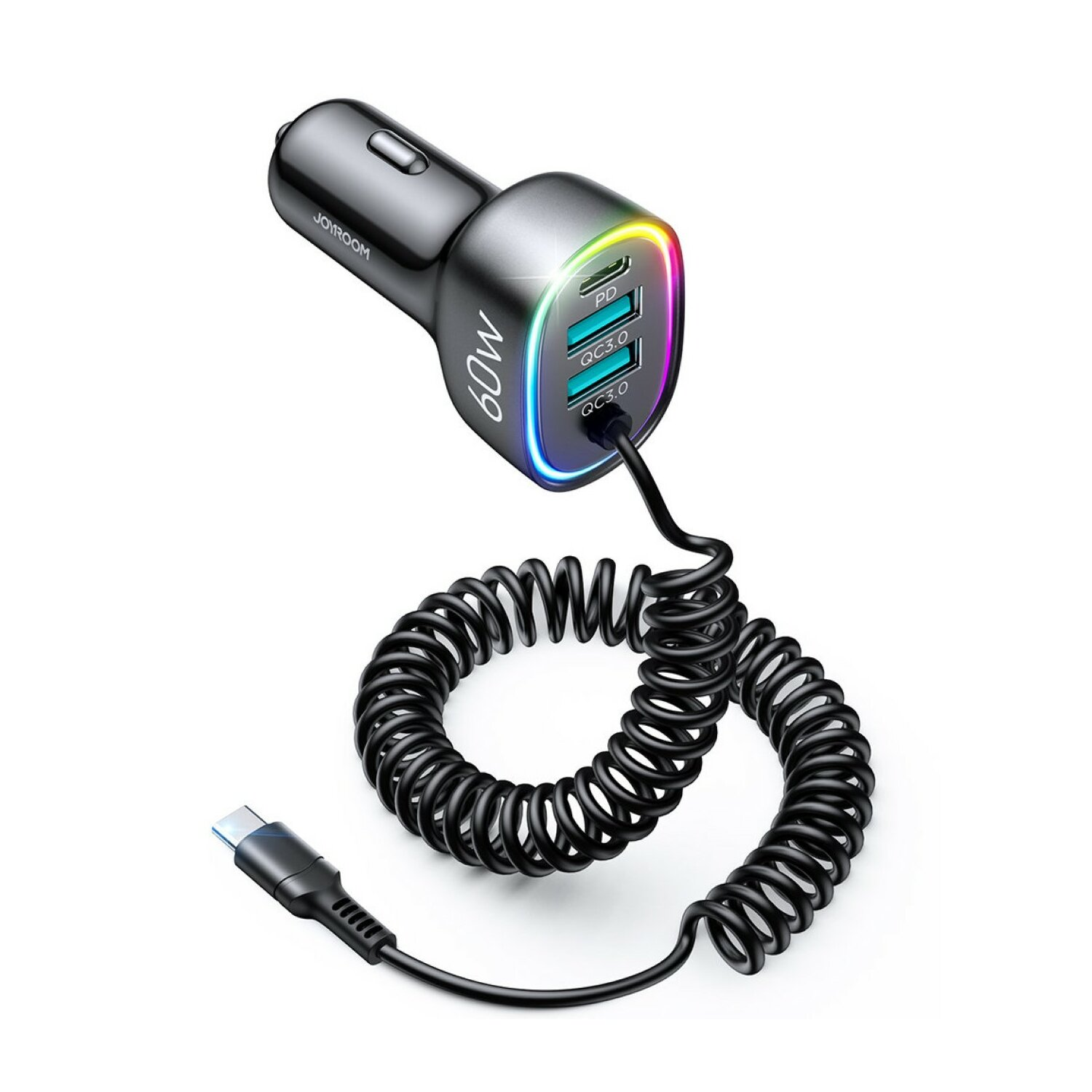 Schwarzes Autoladegerät mit mehreren USB-Anschlüssen und einem Spiralkabel. Weißer Hintergrund.