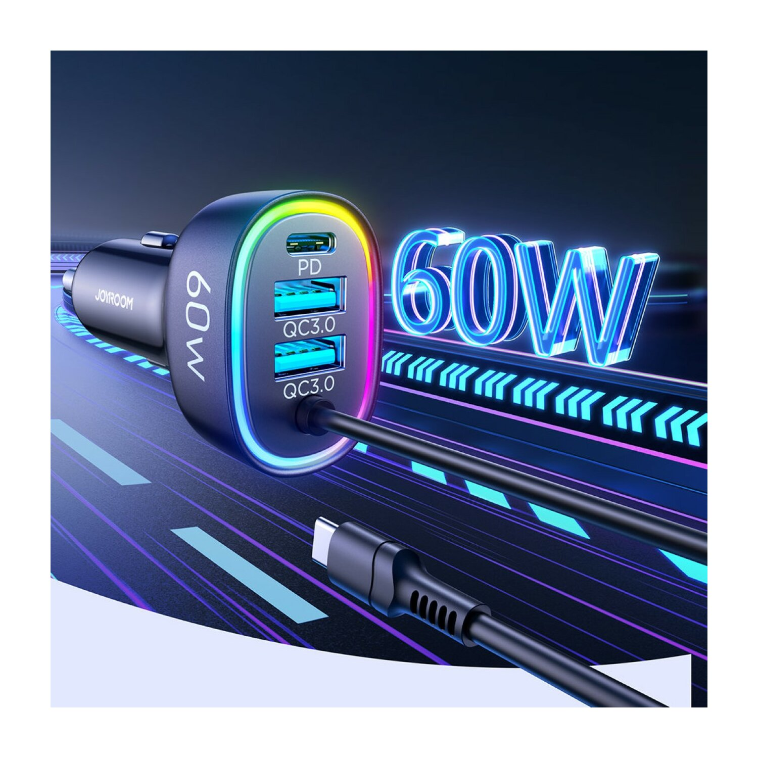 Ein schwarzes Autoladegerät mit mehreren USB-Anschlüssen. Aufschrift: '60W' und 'Joyroom'. Es leuchtet blau/lila.