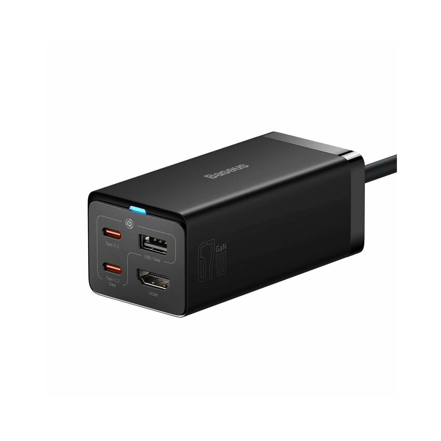Czarna ładowarka GaN Baseus z wieloma portami. Tekst na ładowarce mówi 67W i ma porty.