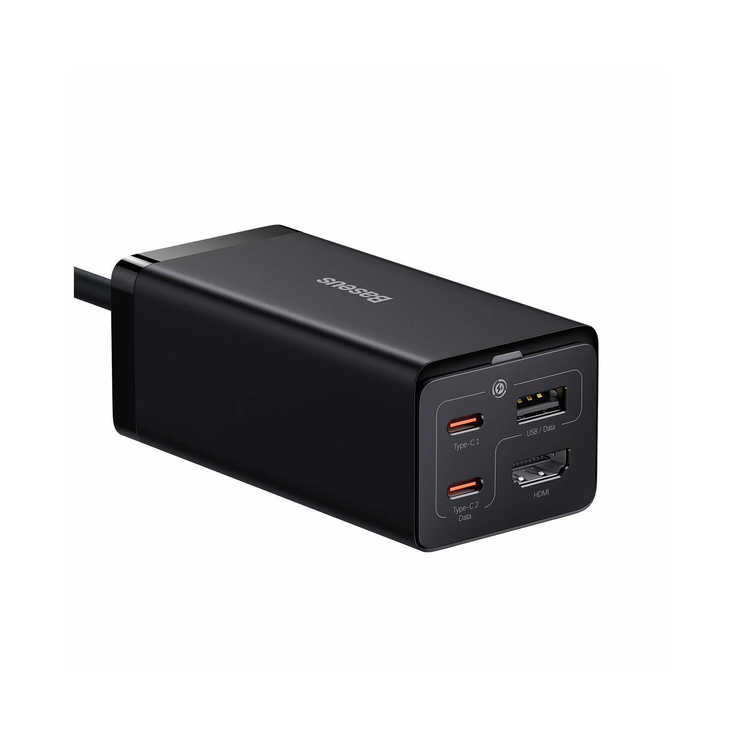 Czarna ładowarka Baseus z wieloma portami: Type-C, USB i HDMI. Widok z boku.